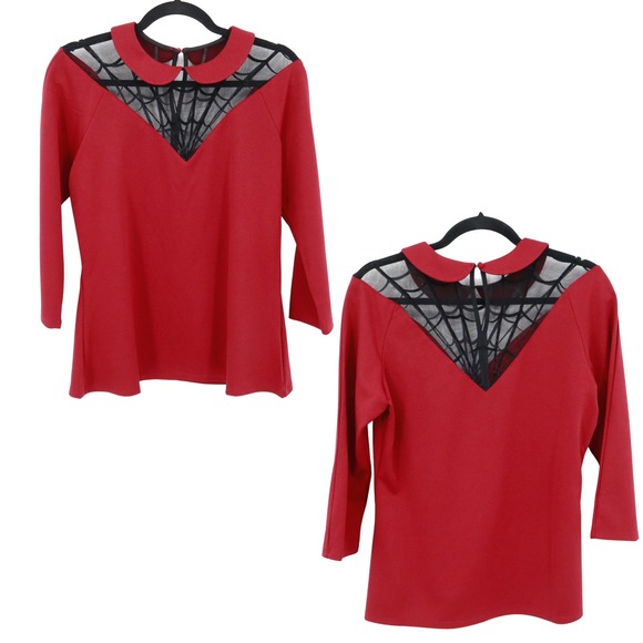 Unique Vintage Spiderweb Top Womens L Red Peter Pan Collar Halloween Twee L - Picture 1 of 15